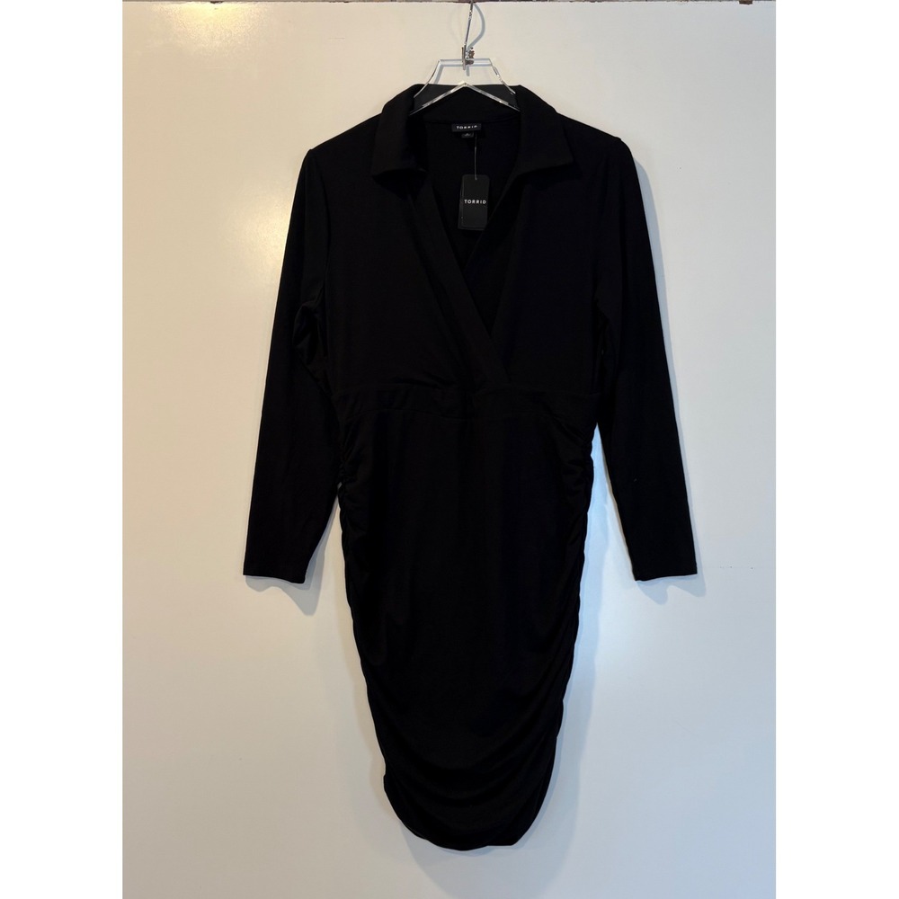 Torrid‎ Mini Jersey Long Sleeve Collar Surplice Dress Black Ruched Plus Size 0